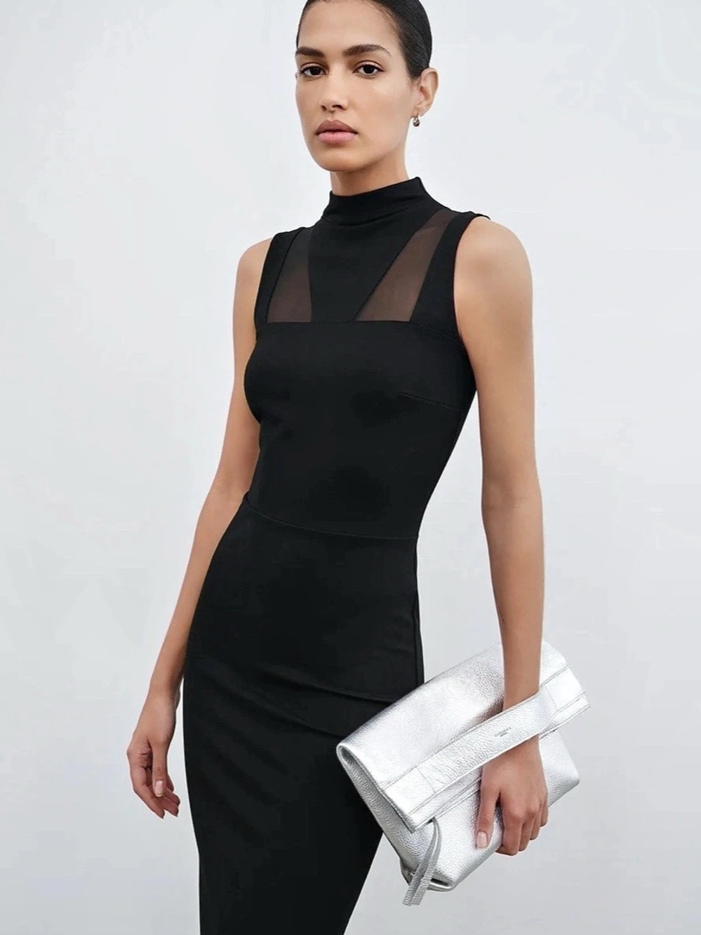 NWT Marcella NYC Amelia Black Mesh Panel Midi Dress